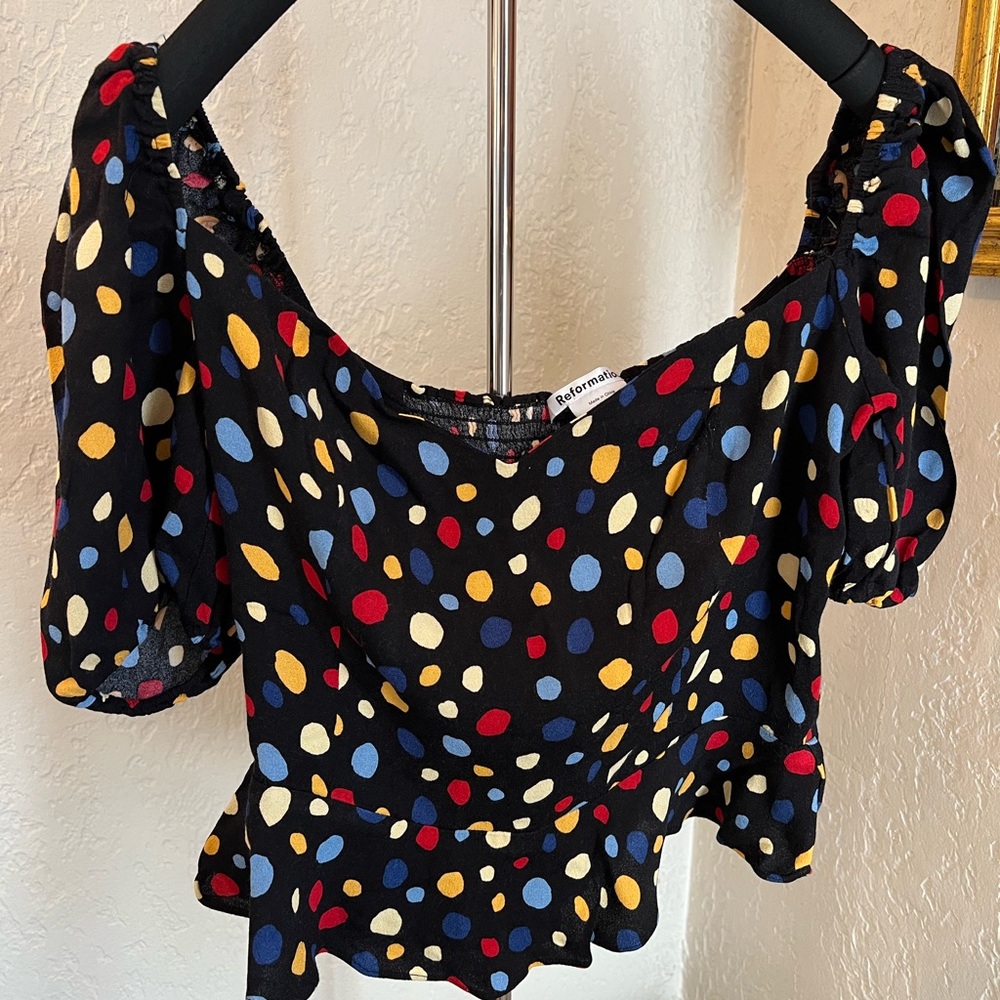 Reformation Black and Red Puff Sleeve Crop Blouse